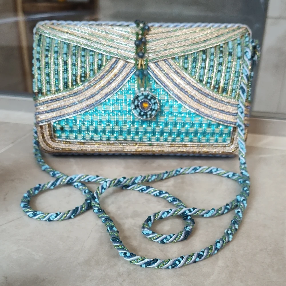 Mary Frances Turquoise and Gold Beaded Clutch - Picture 1 of 11